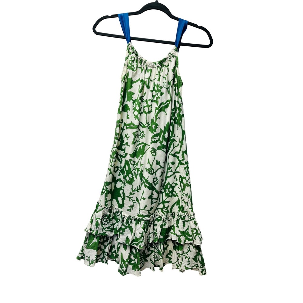 GAP XS Green Floral Sun Dress Y2K Blue Silk Ties Babydoll Tiered Coquette Boho